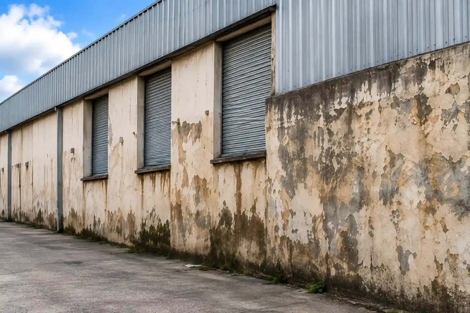 Commercial building exterior before waterproofing and repainting
