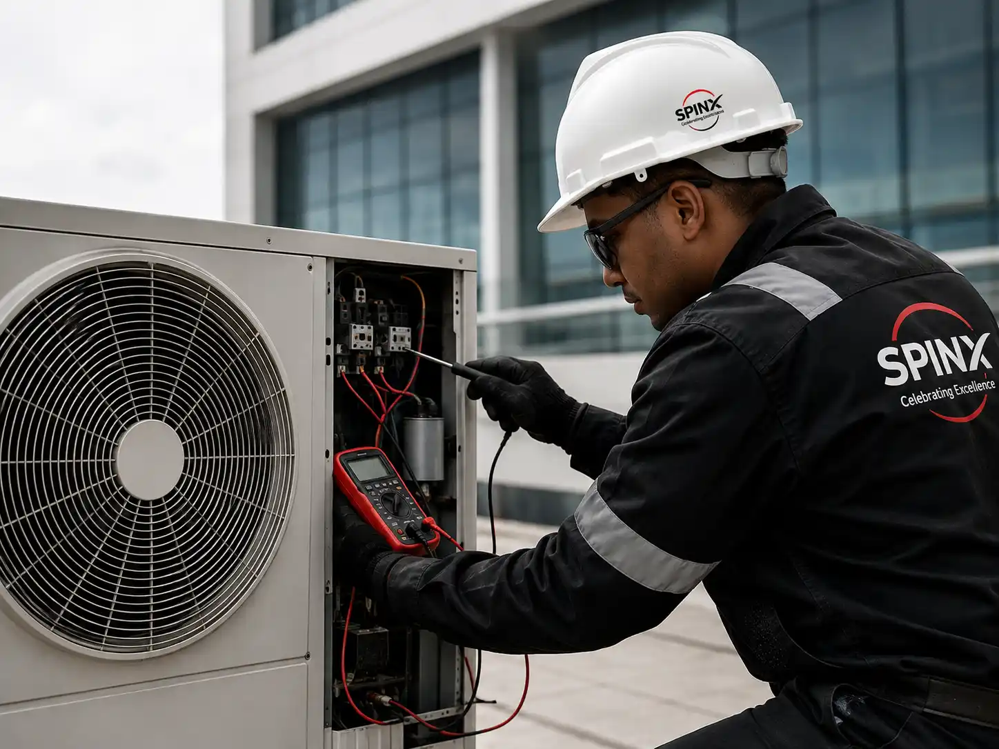 Technician repairing commercial air-conditioning equipment