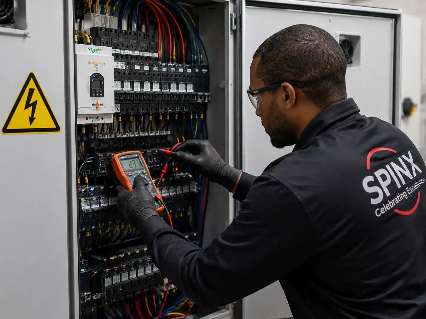 Electrician working on a commercial electrical distribution board