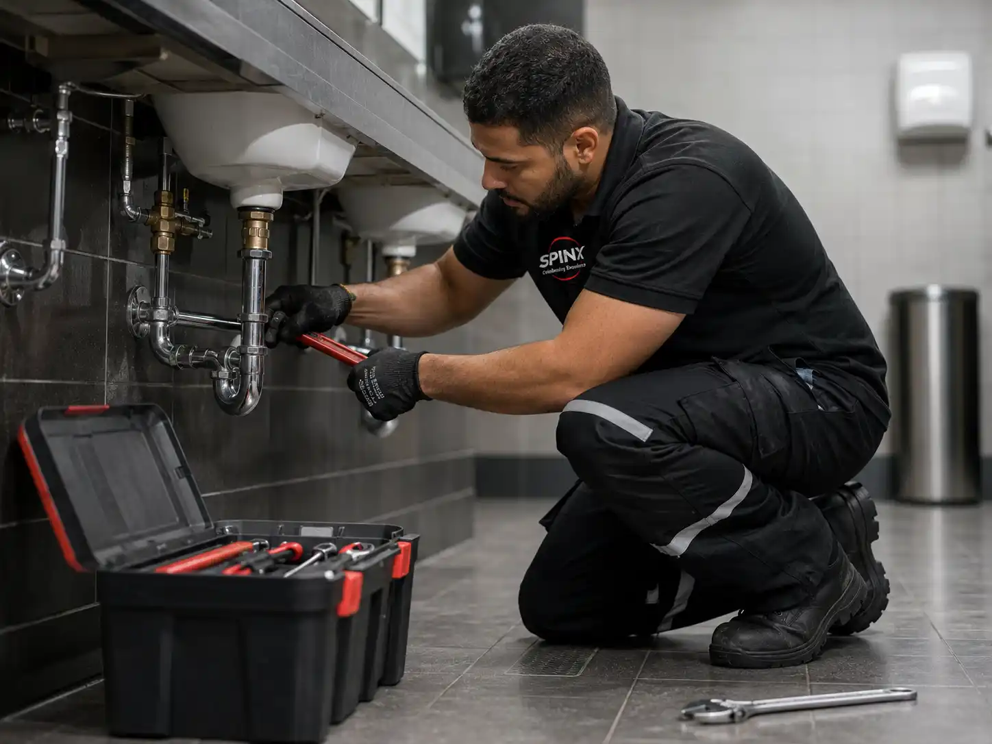 Technician carrying out commercial plumbing and drainage work